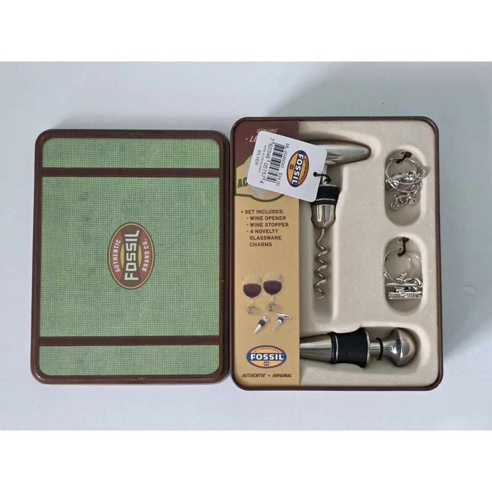 Fossil Silver Wine Accessory Kit Tin Corkscrew Stopper Charm Cork Opener Vintage